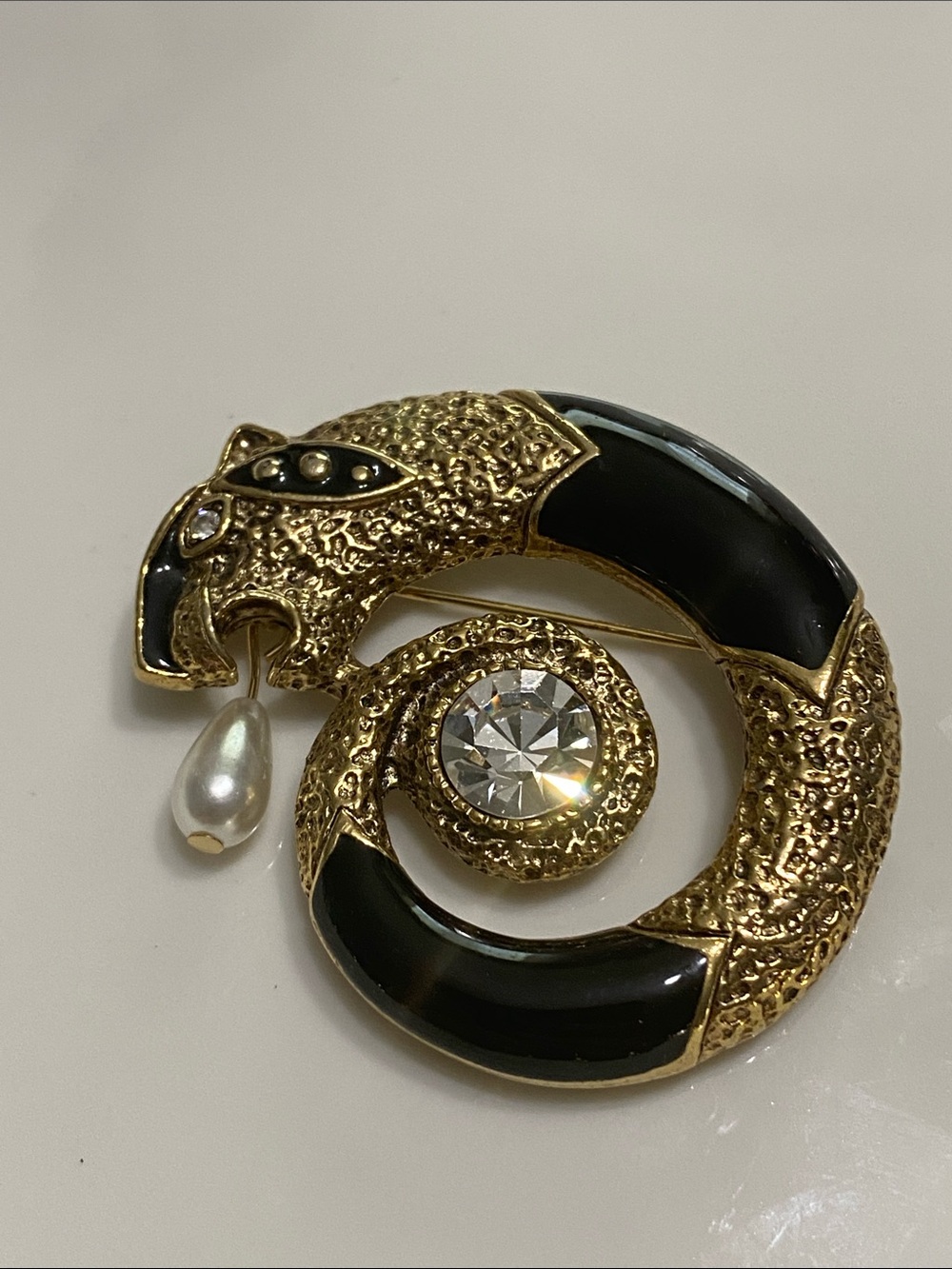 Gold-Tone Black Enamel Panther Snake Serpent Brooch
